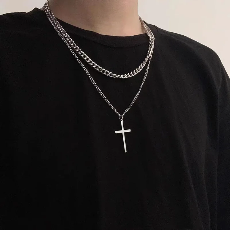 Titanium Steel Double-Layer Cross Necklace with Pearl Trendy Hip-hop Style for Men Women All-Match Sweater Chain Accessories