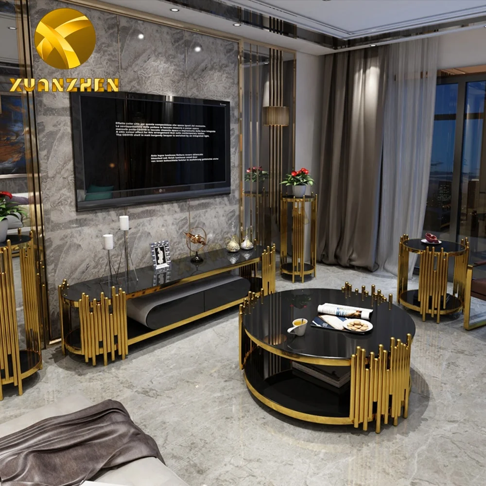 Home furniture living room sets stainless steel tv unit cabinets luxury modern glass tv stands with drawer