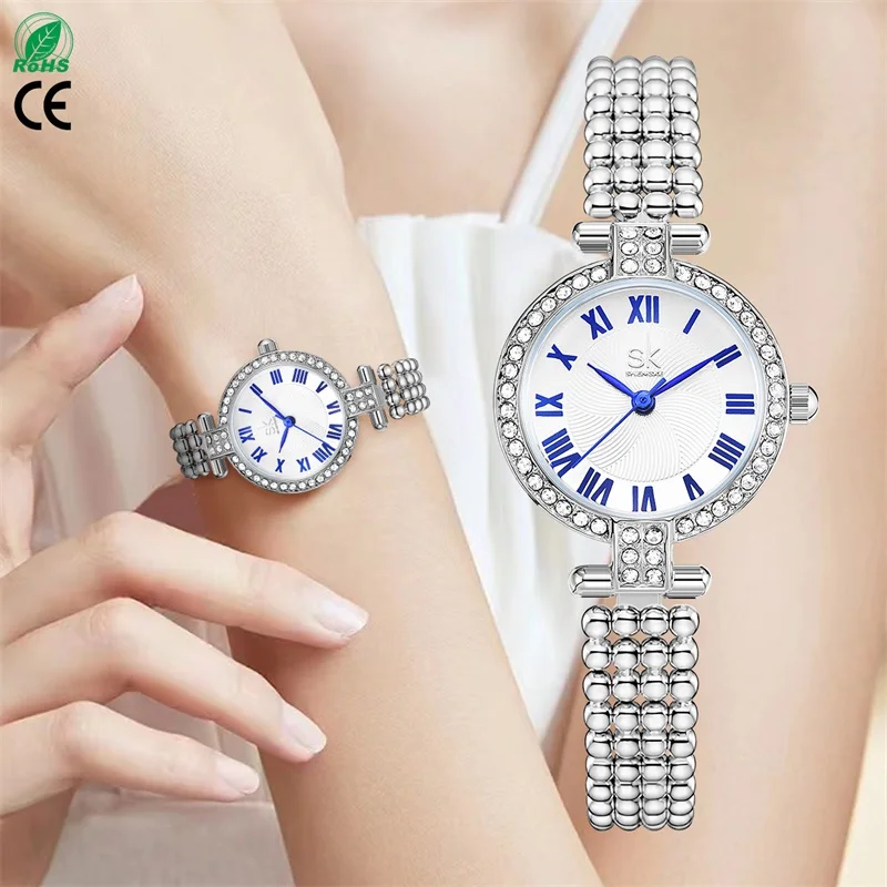 SHENGKE High Quality Watches Women Wrist Luxury Golden Bracelet Diamond Watch Waterproof Stainless Steel Mesh Strap reloj mujer