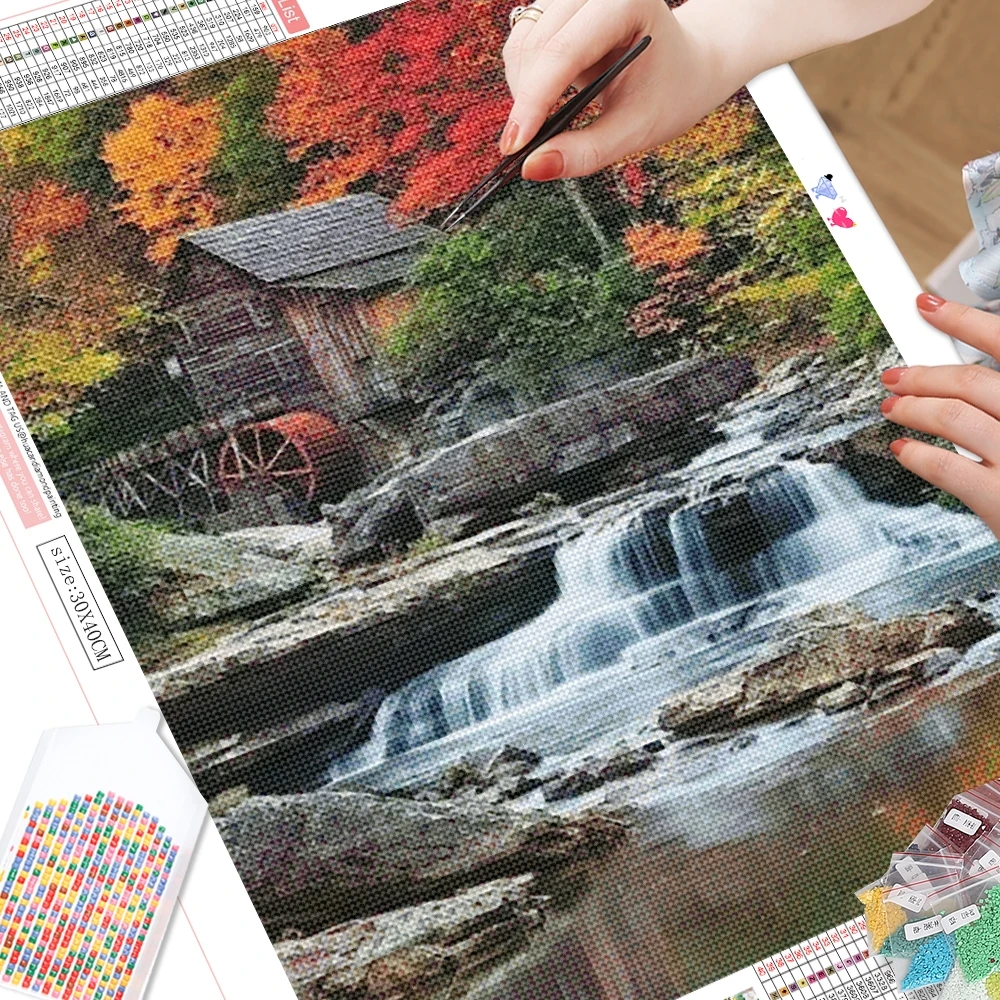Diamond Painting House Waterfall Landscape Mosaic Home Decor Embroidery Autumn Forest Home Decor Rhinestones Diy Gift Instock