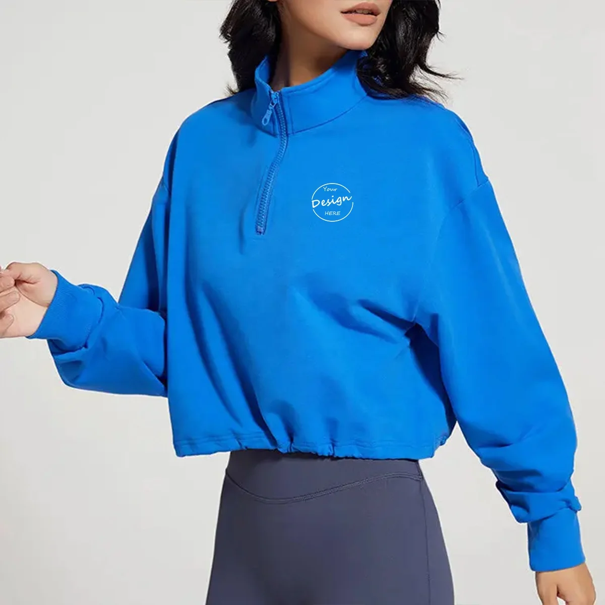 Quarter Zip Long Sleeve Solid Colour Sport Pullover Hoodies Women Organic Cotton Korean Style Sweatshirt