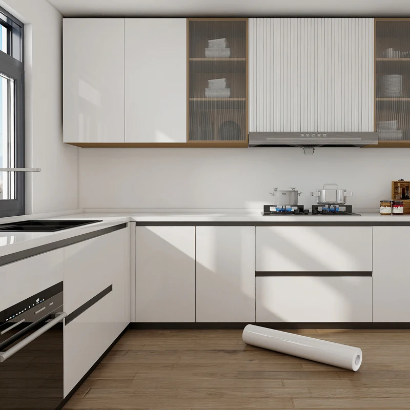 Self Adhesive Wallpaper Wall Sticker Wallpaper White PVC Glossy Wallpaper For Kitchen Cabinet Peel and Stick Wall Stickers