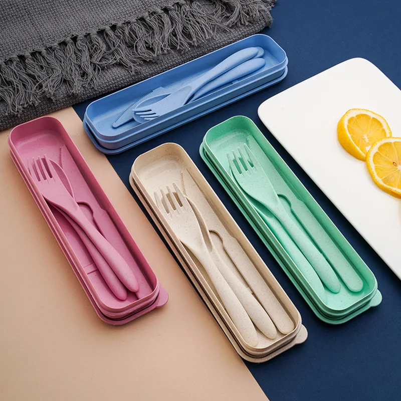 Wheat straw tableware Travel portable tableware set Thickened plastic knife fork and spoon gift can LO  GO three-piece set