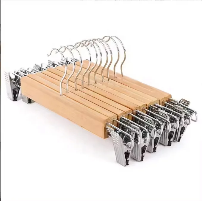 Nature Wooden Pant Hanger Wooden Suit Hangers With Steel Clips And Hooks Standard Clothes Hanger