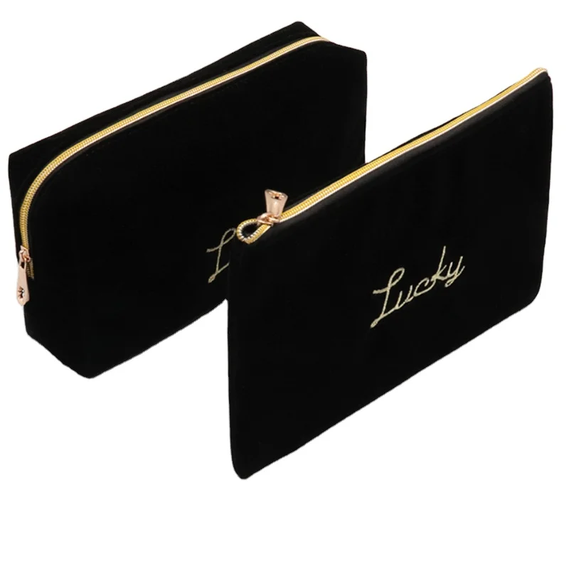 Suede Velvet Custom Pouch Luxury Beauty Makeup Bag Zipper Closure Travel Professional Cosmetic Bag Black with Embroidery Logo