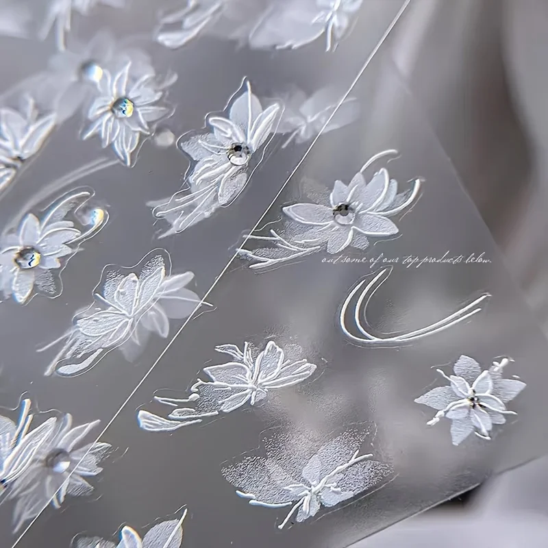 5D Embossed Nail Art Stickers White Floral Elegant Butterfly Lace Design Charm Wedding Nail Art Decals