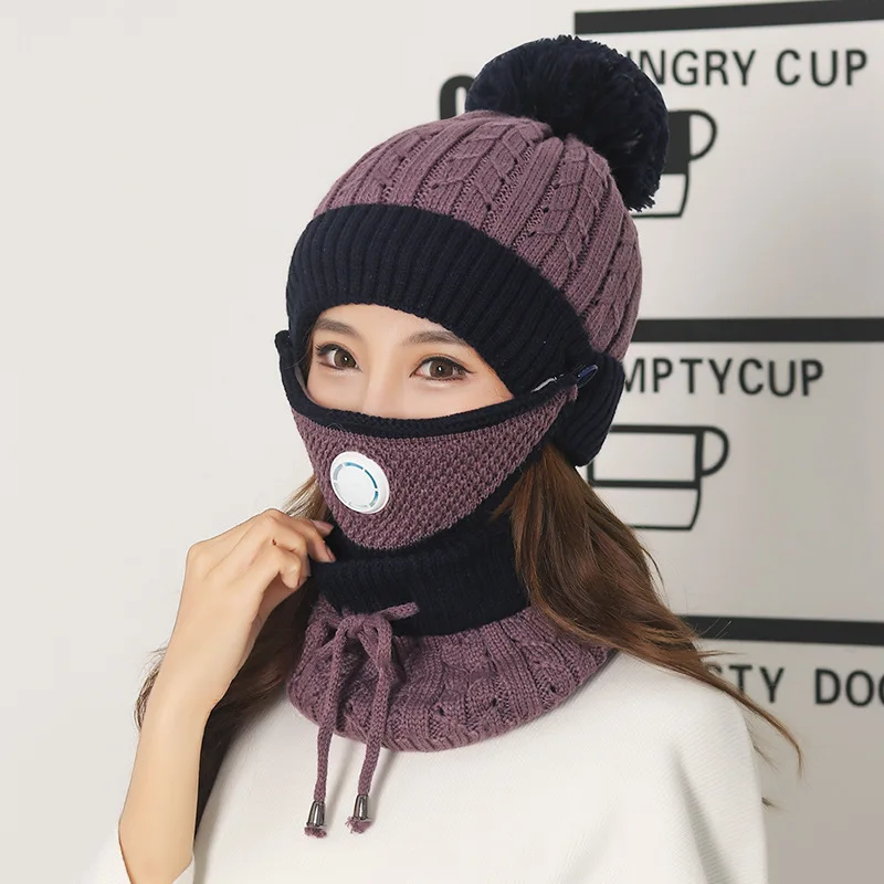 Wholesale woolen knitted hat for women, fashionable and warm in autumn and winter, versatile plus fleece hat and scarf set
