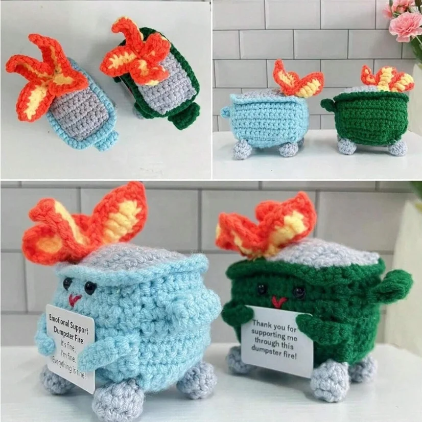 Handmade Knit Decoration. Cute Crochet Fire Extinguisher Box Emotional Support Dumpster Fire Fun, Inspirational Gift Home Decor