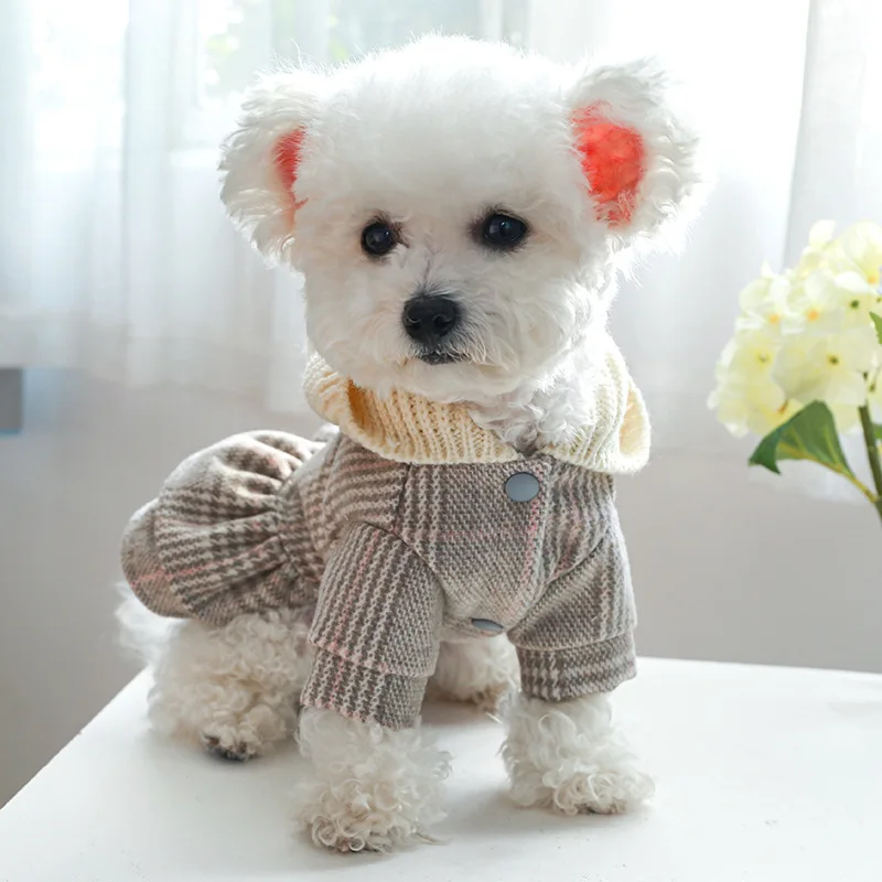 Pet Dog Wear Dog Dress With Hat Gray Plaid Small Medium Pet Hoodies