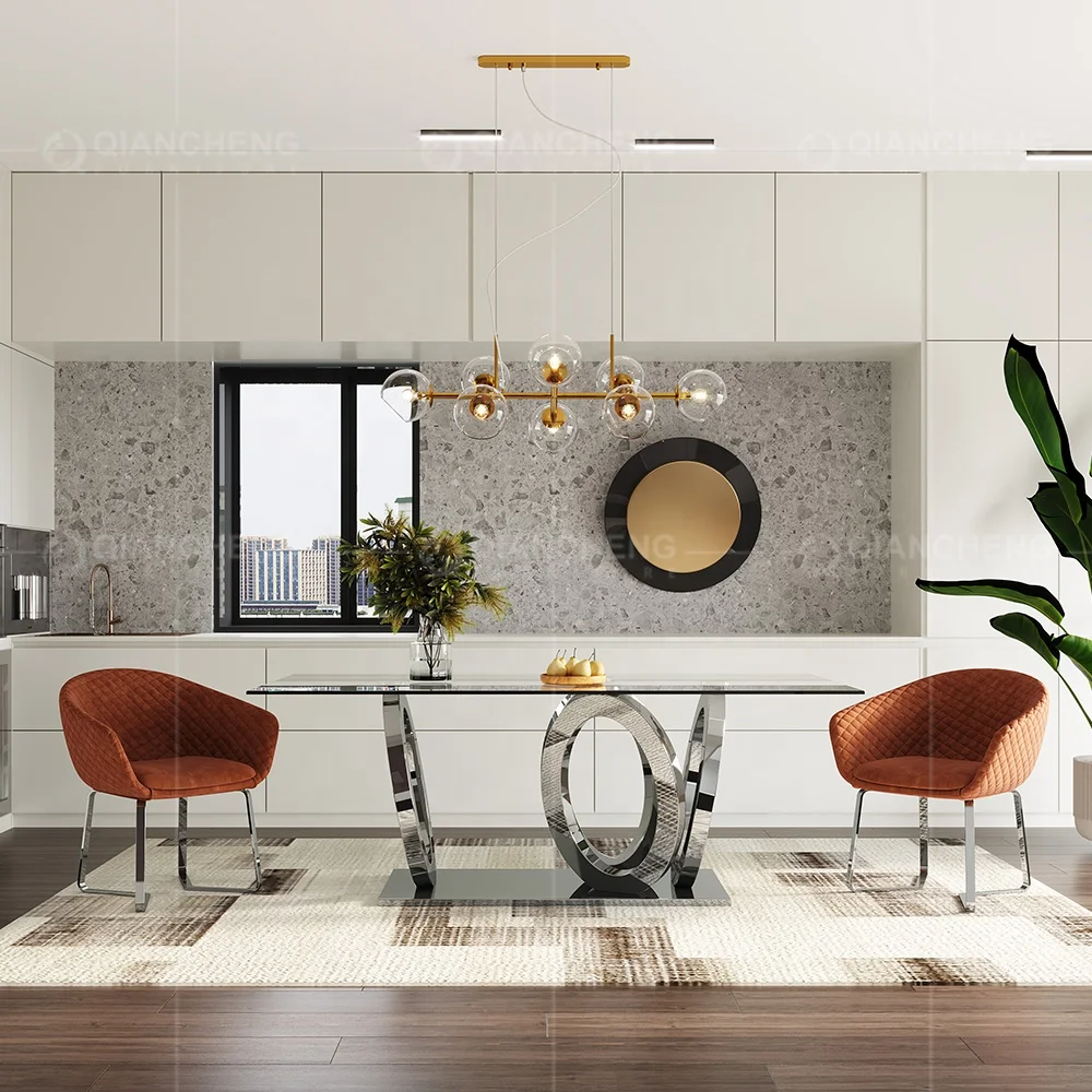 
modern furniture 8 seater marble dining table restaurant stainless steel bese dining room table and chair 