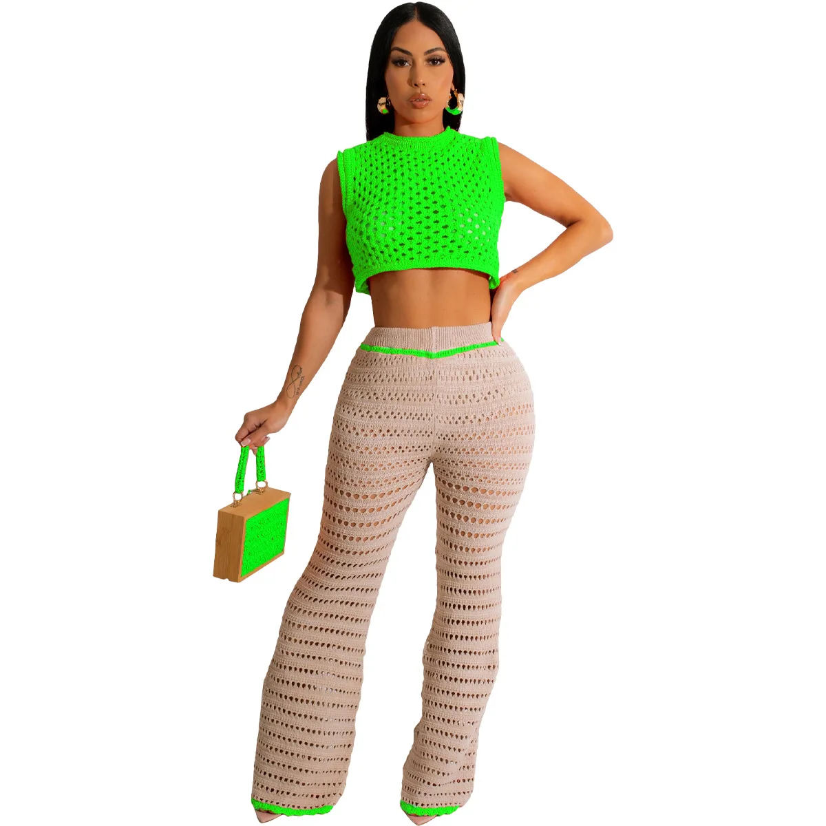 2024 New 2 Piece Women Outfit Crochet Pants Set For Women Two Piece Set Women Clothing With Crop Tank Top
