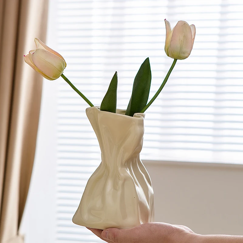 Simple cream irregular creative white Pleated paper bag ceramic and porcelain vase for home decor