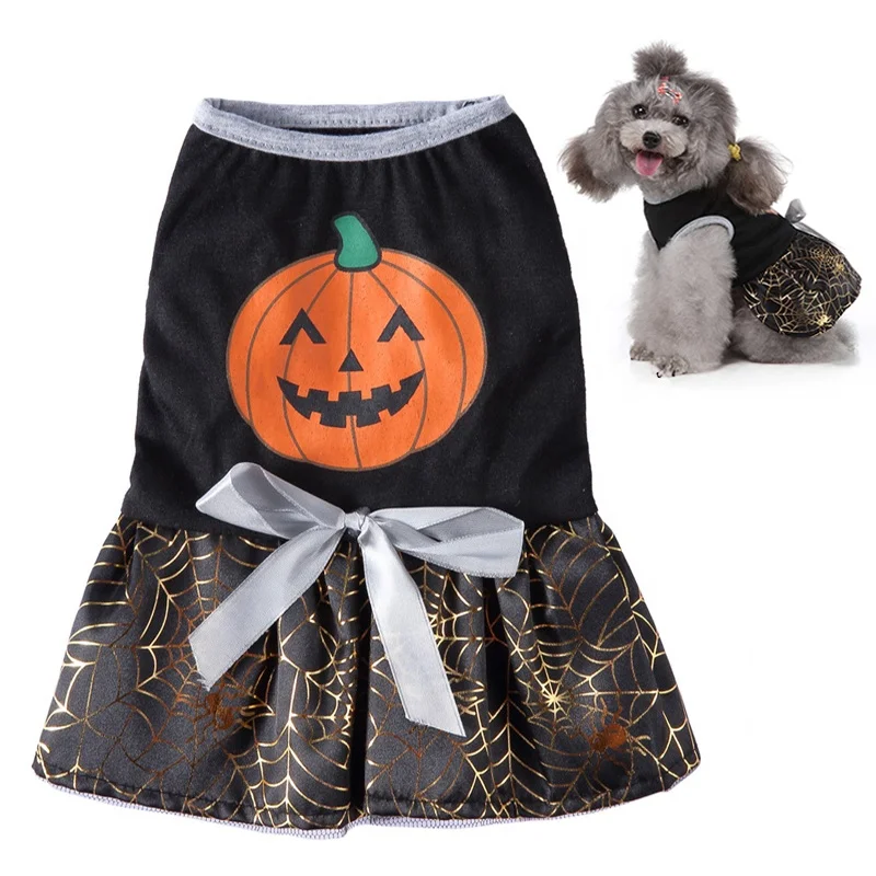 Modern XL Polyester Dog Party Dress with Golden Spider Web Print for Halloween Pumpkin Head for Spring and Summer Season