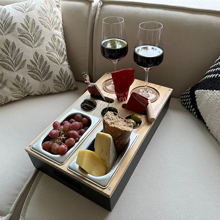 Wood Couch Snack Caddy Tray Stainless Steel Bowls Dip Cups, Sofa Dispenser Sofa Snack Tray with Drink Holders