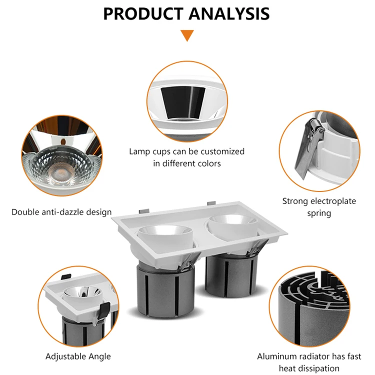 High Power Small Size Adjustable Easy Install Recessed School Hospital 2*30W LED Grille Lamp