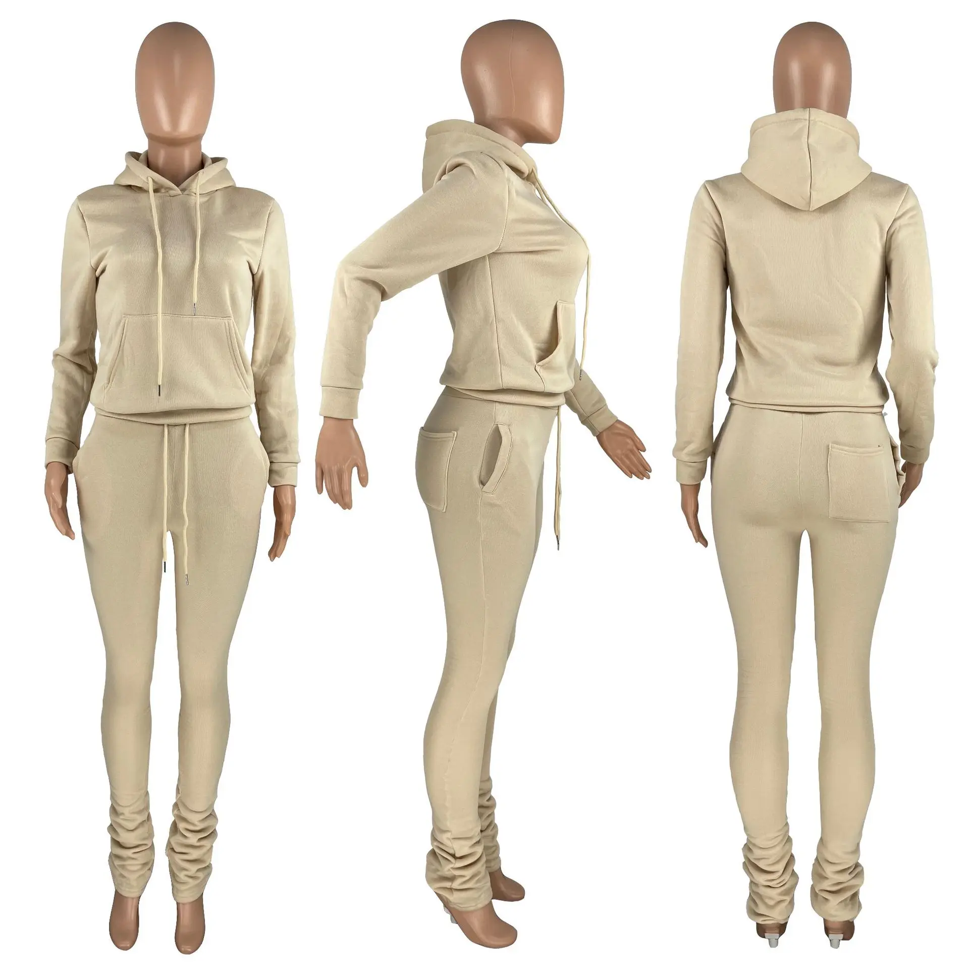Autumn Winter Two Piece Outfits Solid Women Hoodie Set Casual Stacked Joggers Set Women Track Suits Two Piece Sets