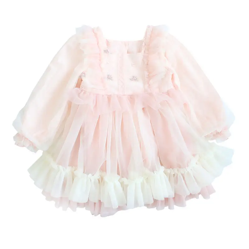 Pink 3d Lolita Style Flower 2 year old   Kids Toddler Little Girls Dresses Autumn Lace tutu Girls Princess Dresses