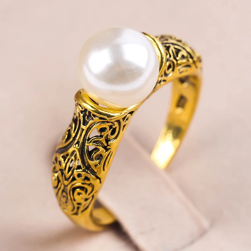 Изысканные резные узоры с вырезами роскошное кольцо из искусственного круглого жемчуга