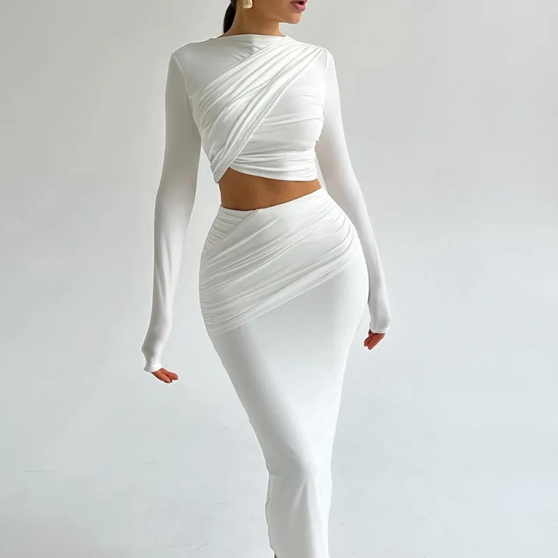 Sml Solid Round Neck Irregular Long Sleeved Open Navel Top Casual Half Skirt 2-Piece Set Fashion Set