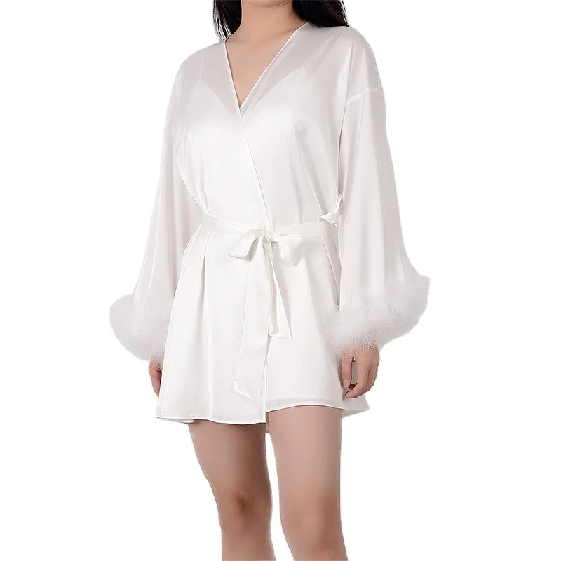 
Long sleeves New Custom Feather Silk Pajamas Women Sleepwear feather Bridesmaid Robe Ostrich feather sleepwear 