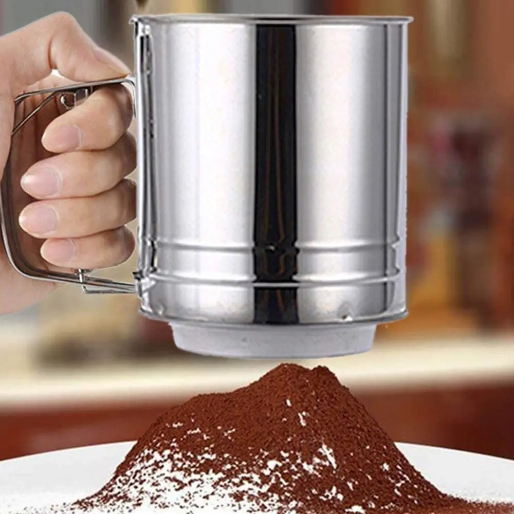 Stainless Steel Mesh Flour Sifter Mechanical Baking Icing Sugar Shaker Sieve Cup Baking Pastry Tools Powder Flour Sieve
