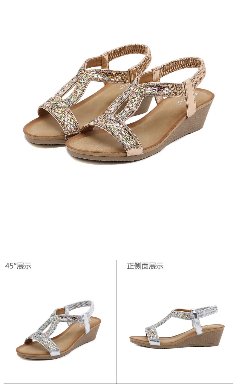 New Style Open Toe Round Bohemian Sandals Casual Rhinestone Hollow Out Ladies Platform Wedge Sandals