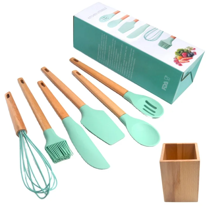 
6pcs silicone baking cooking utensil set with wooden handle 