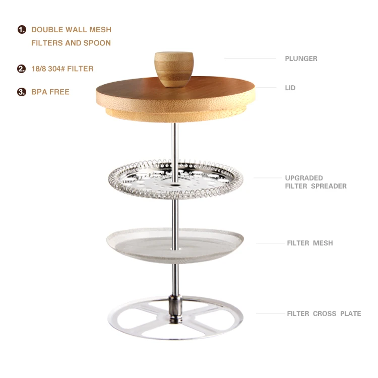 Hot Sale Bamboo Coffee  french press Glass Material and Coffee & Tea Sets Drink ware Type French Press Coffee Maker