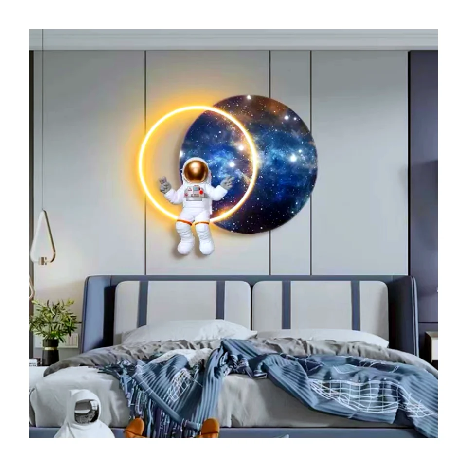 Modern luxury round bedroom decoration painting astronaut LED luminous painting living room acrylic crystal porcelain painting