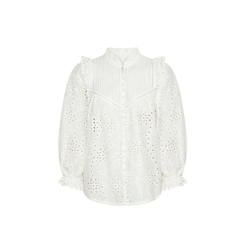 Custom Summer Long Sleeve Ladies Shirts Elegant Hollow out Tops And Blouses Women 100% Linen Fabric Button Up Casual Shirt