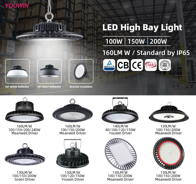 YOUWIN Ac100-277v 6000k Warehouse Garage Industrial Lighting Ufo Led High Bay Light High Power 100w 150w 200w Aluminum 80 IP65