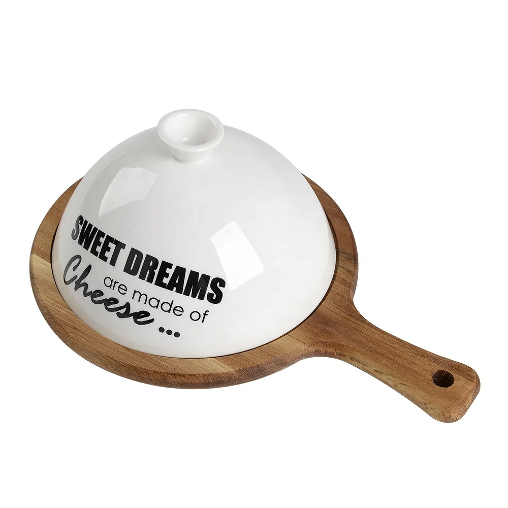 Белая керамическая тарелка для масла и сыра с бамбуковой крышкой