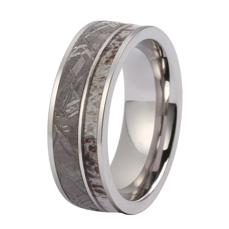 Stainless steel antler inlay meteorite ring men rings