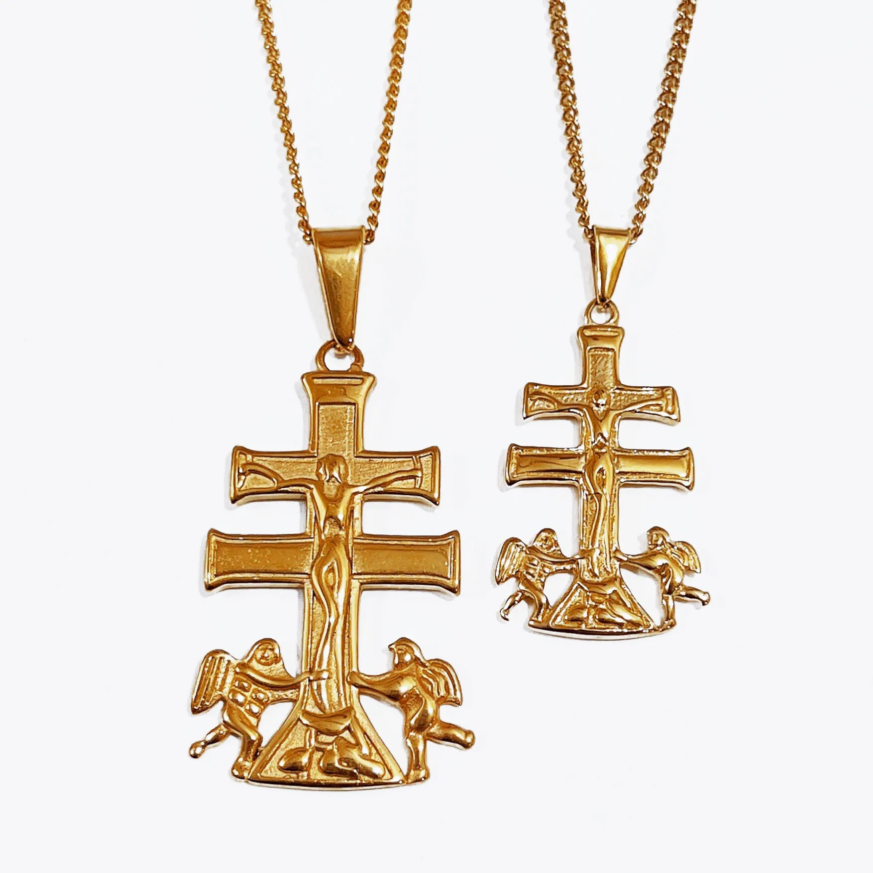 Винтажные 48 мм Каравака крест распятие Подвеска с Херувим Ангел из нержавеющей стали покрытой 18 к настоящим золотом набор религиозный ювелирные изделия