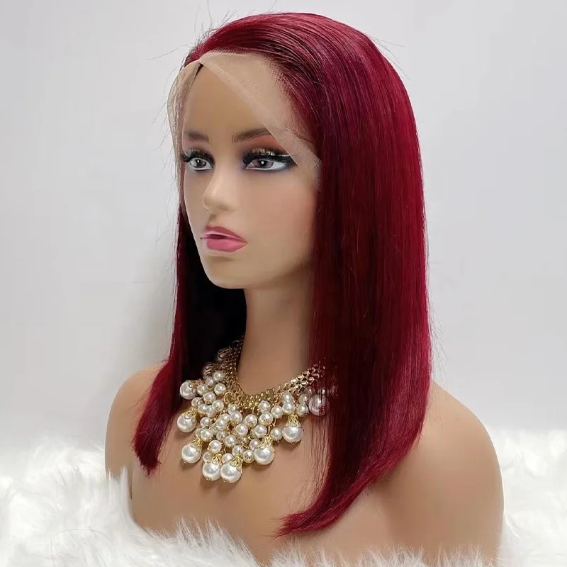 Clj Alibaba Cheveux Lace Front Short Bob Wig Brazilian #99J 13X4 12Inch Straight Transparent Frontal Wigs Human Hair For Woman