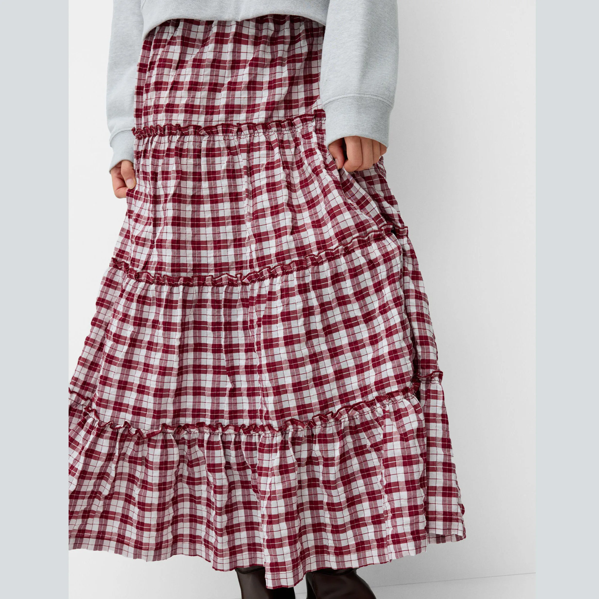 New Arrival Trend OEM Custom Vintage Women A line Skirts Check Long Dress Cotton Blend Pleated Plaid Maxi Skirt Girl