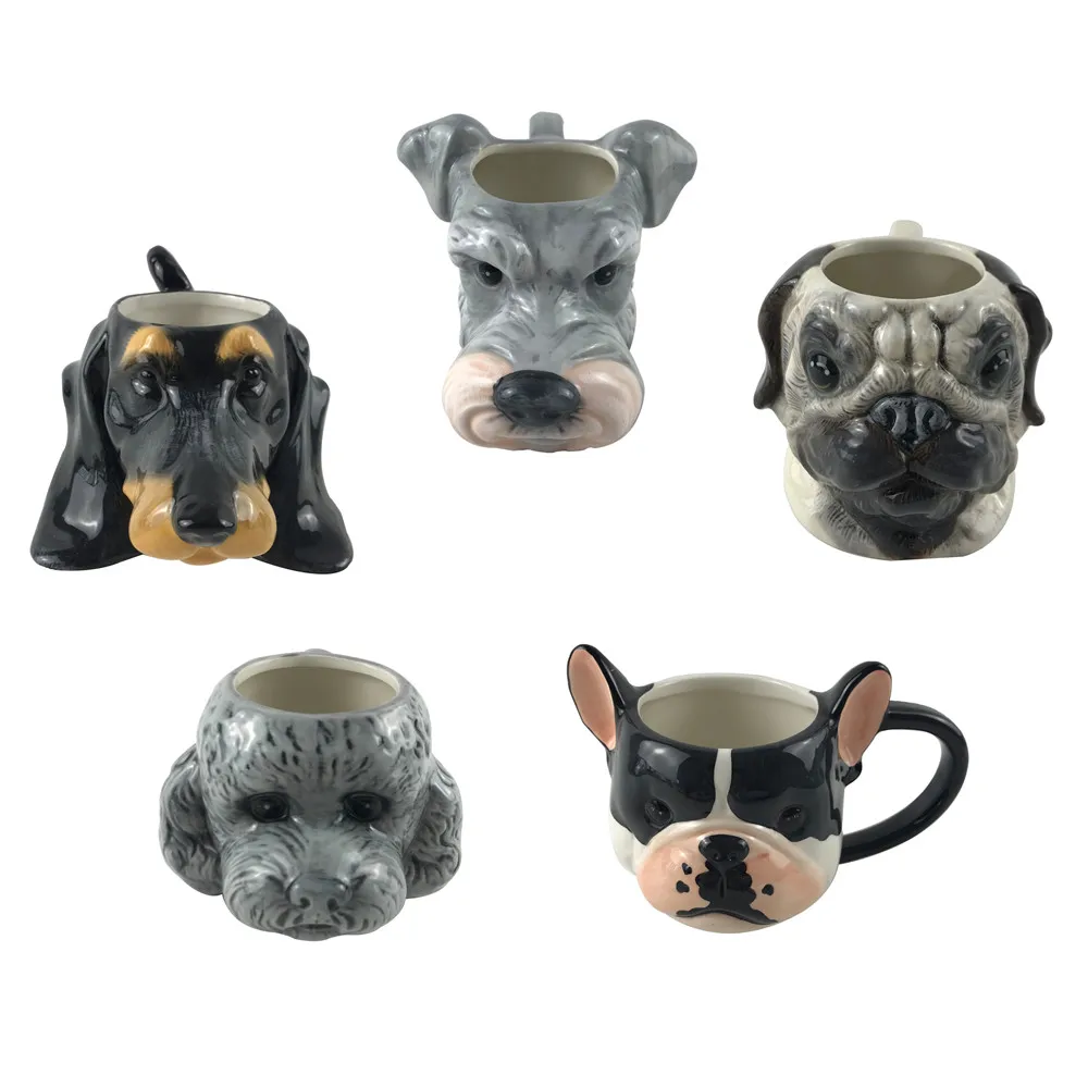 New Factory custom handmade hand painted cute 3d animal face dog shaped dolomite ceramic coffee mug