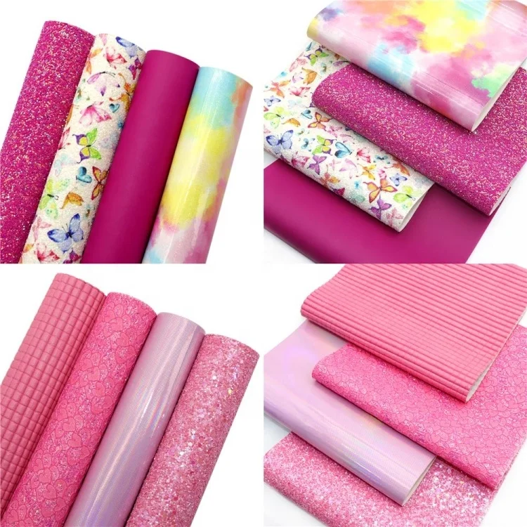 4pcs/set Flower Butterfly Print Faux Leather Material Mix Glitter Sheets Synthetic Leather Fabric For Diy 28333