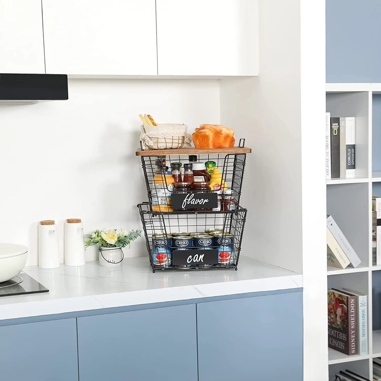 Горячая Распродажа, 2 комплекта, кухонная корзина с верхним шкафом для кладовой, органайзером и проволочной корзиной для хранения