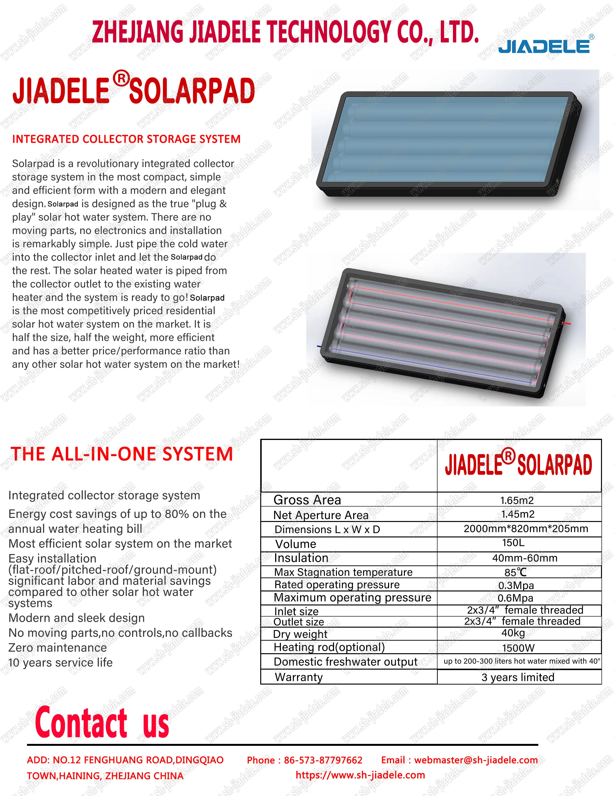 JIADELE  Pressurized rooftop tankless flat plate solar water heater Sunpad geyser compact water solar heater for home