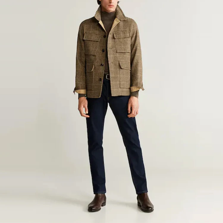 GUANGDONG CITY LONG V-NECK PLAID PATTERN BUTTONS FRONT HEAVY WEIGHT WINTER CASUAL WEAR MENS COATS AND JACKETS