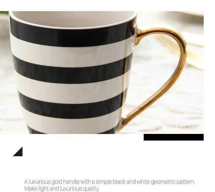 Керамические черно-белые решетчатые кружки в полоску с золотой ручкой виде ложки Современный домашний декор персонализированные кухонные офисные чашки для кофе и
