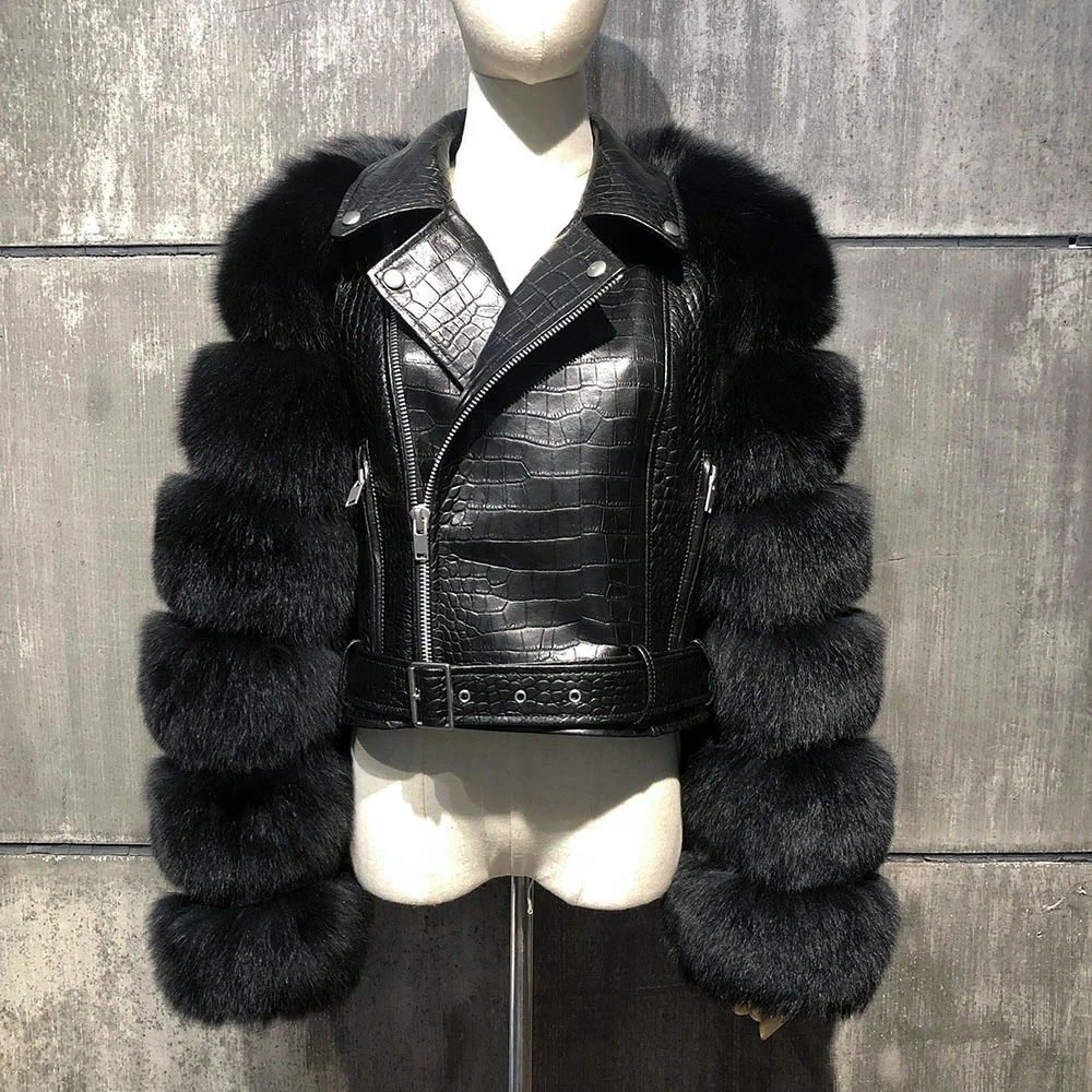 Red lambskin leather cropped jacket women leather biker jacket leather real fox fur jacket