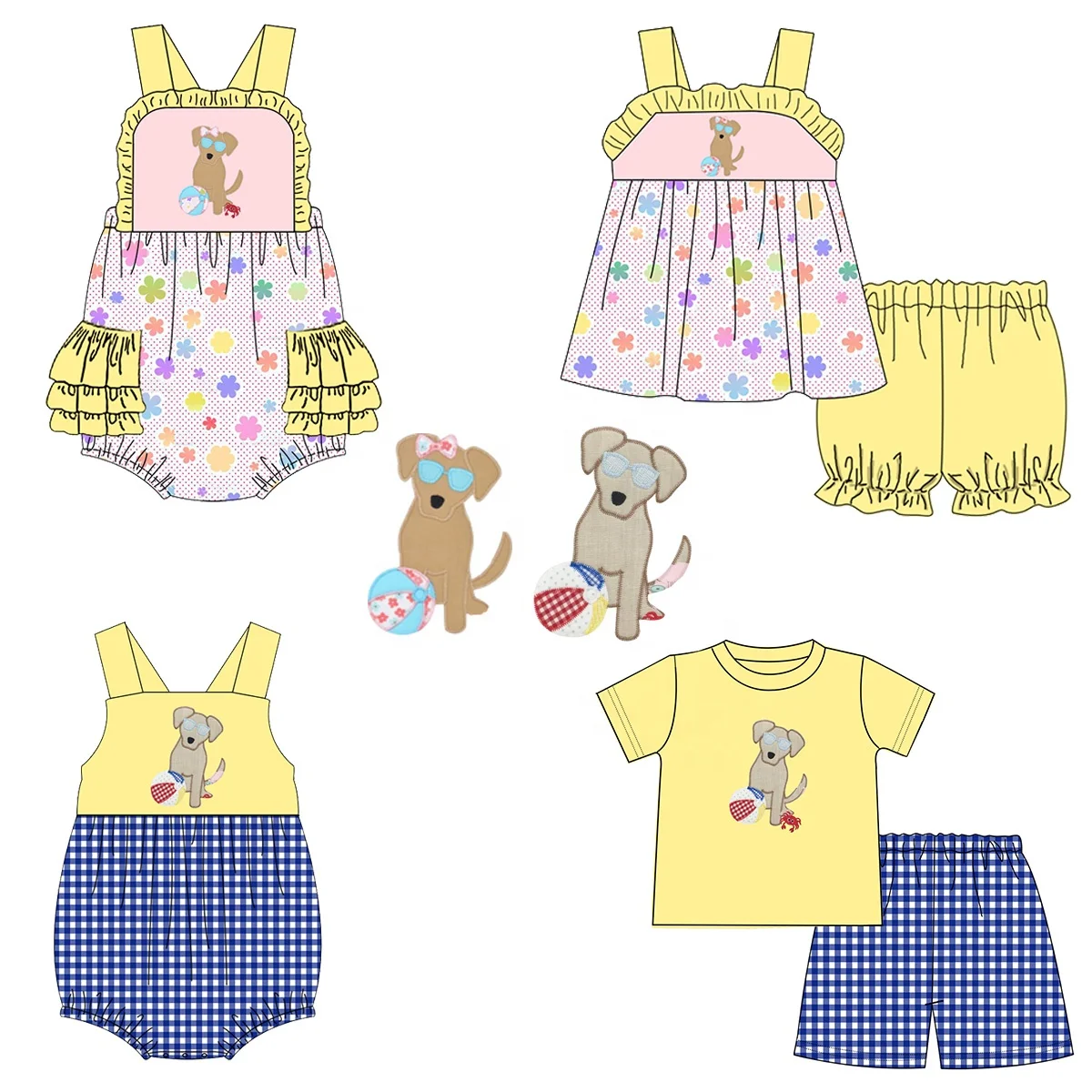 Online customization 1-14 years summer two piece clothes lovely bee applique yellow gingham seersucker boy outfits