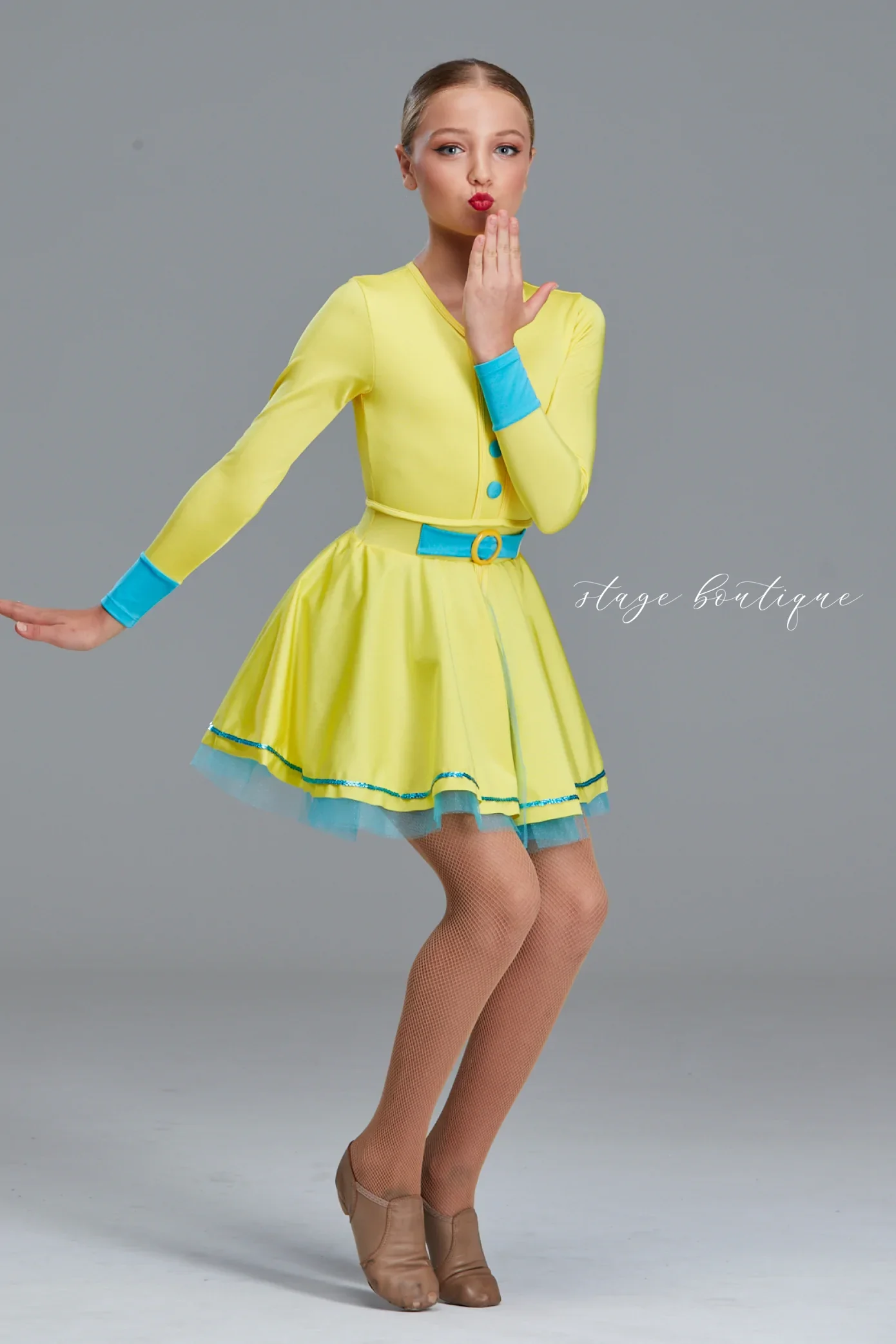 Girls  Yellow Lycra Fabric Back Zipper Jazz/ Tap Dance Dresses With Tutu Skirt Ballet Long Sleeve Costume for Performance