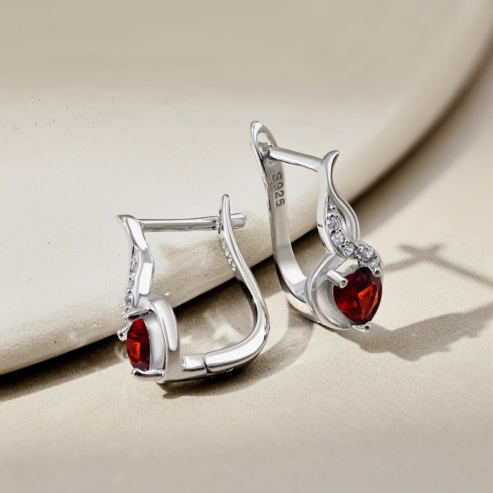 Dylam Exclusive Design 925 Sterling Silver Rhodium Plated Twisted Jewelry Ruby Heart Shape 5A Cubic Zirconia Hoop Earrings