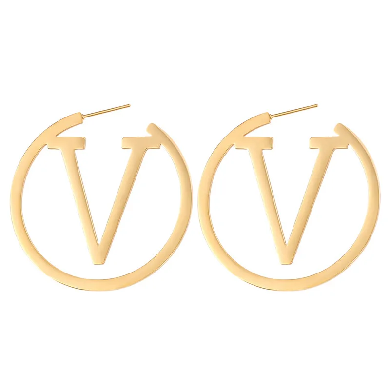 2024 New Trends V-Letter Hoop Earrings for Women Stainless Steel Punk round Ear Jewelry Gift for Wedding and Parties