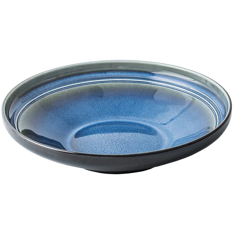 10Inch New China Kiln Blue Ceramic Dish Deep Nordic Ceramic Fruit Plate Retro Salad Dish