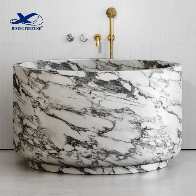 RF High Quality Large Size Artificial Stone Black Marble Round Bathtub Floor Free Standing Bath Tub