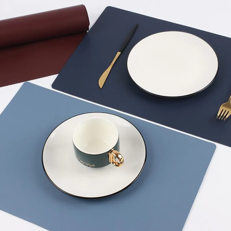 Nordic popular plain leather placemats for kids double-sided durable rectangle thermal insulation placemat home decor table mats